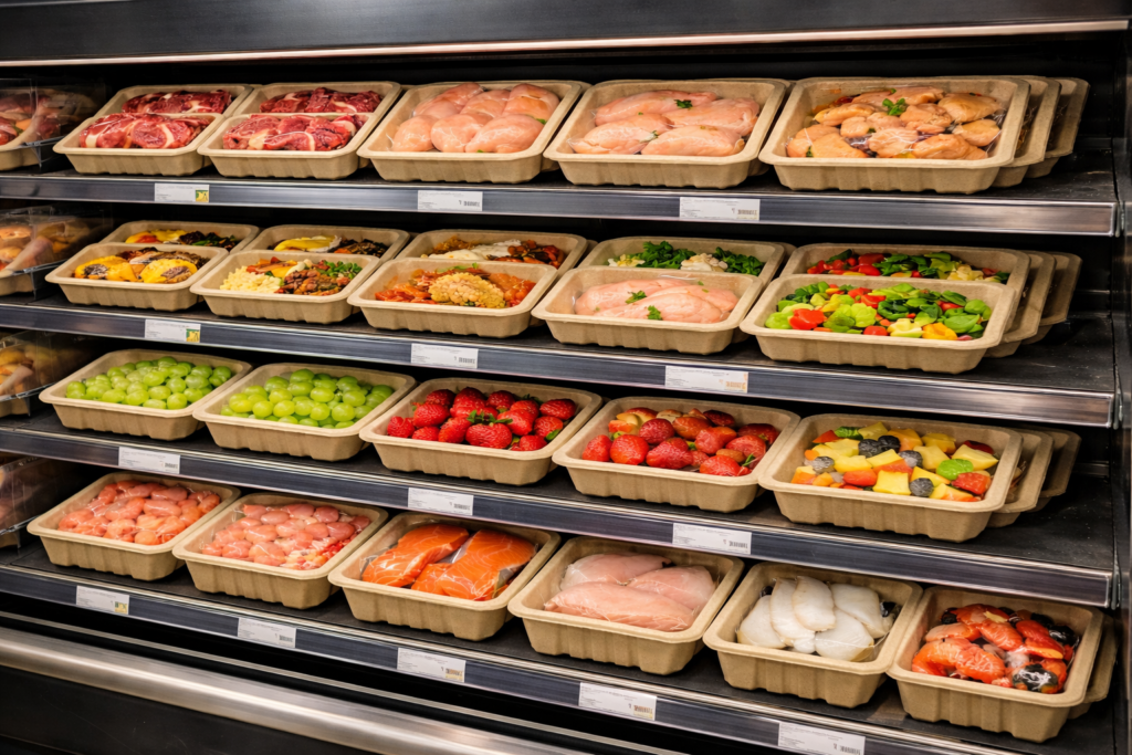 fresh food display in supermarket fridge