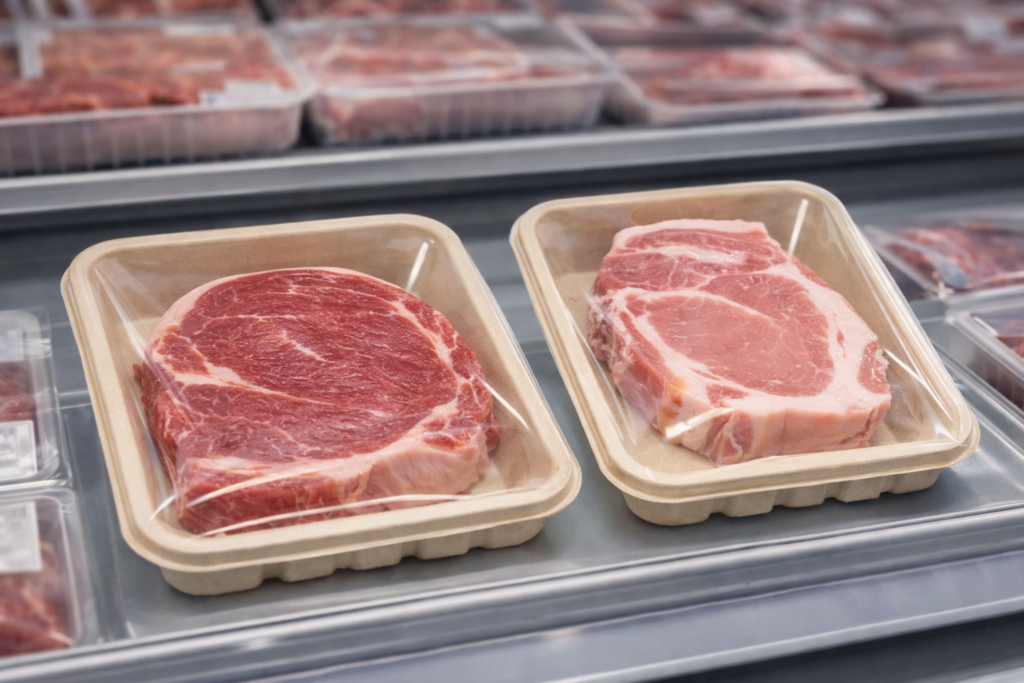 fresh meat in pulp trays on shelf