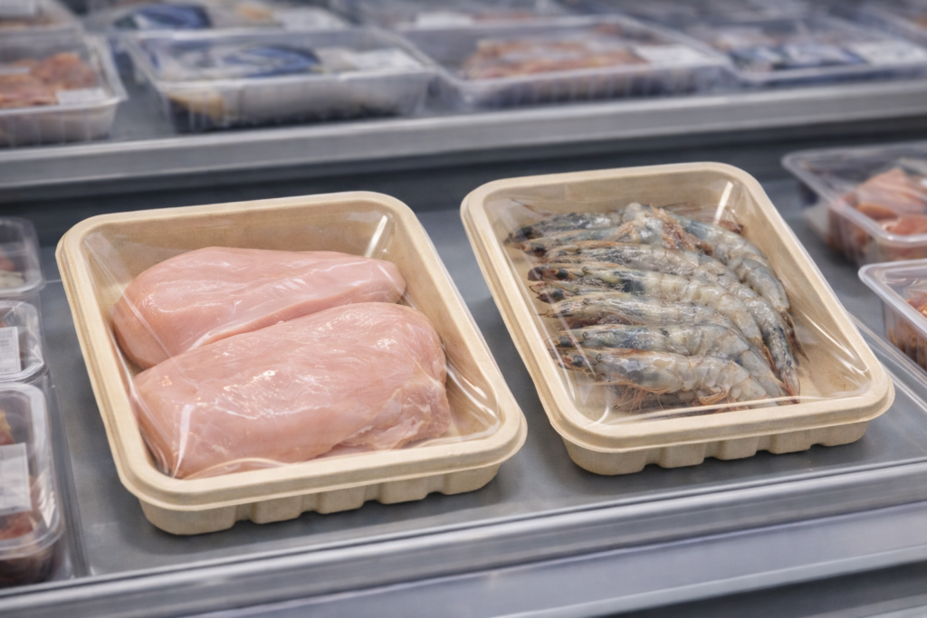 fresh seafood and poultry in trays