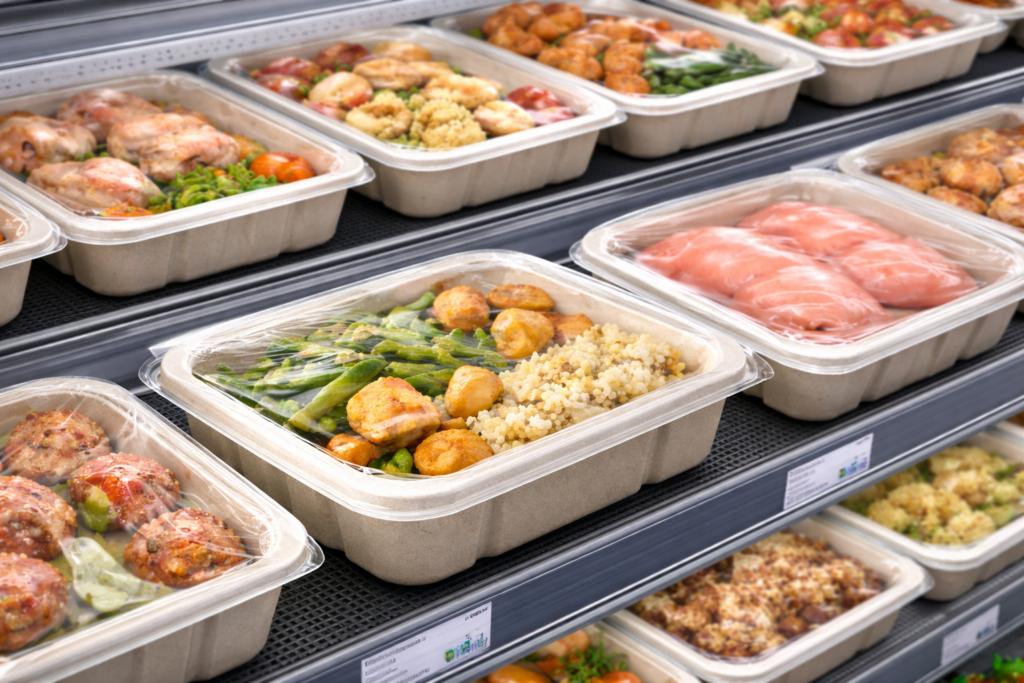 pulp map trays for ready food on supermarket shelves